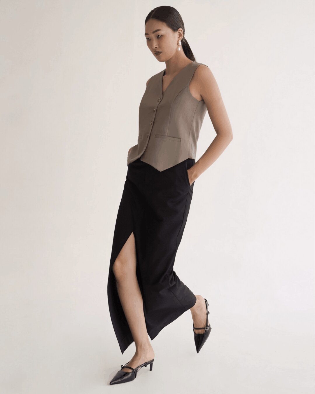 Ankle Front Slit Tailored Skirt