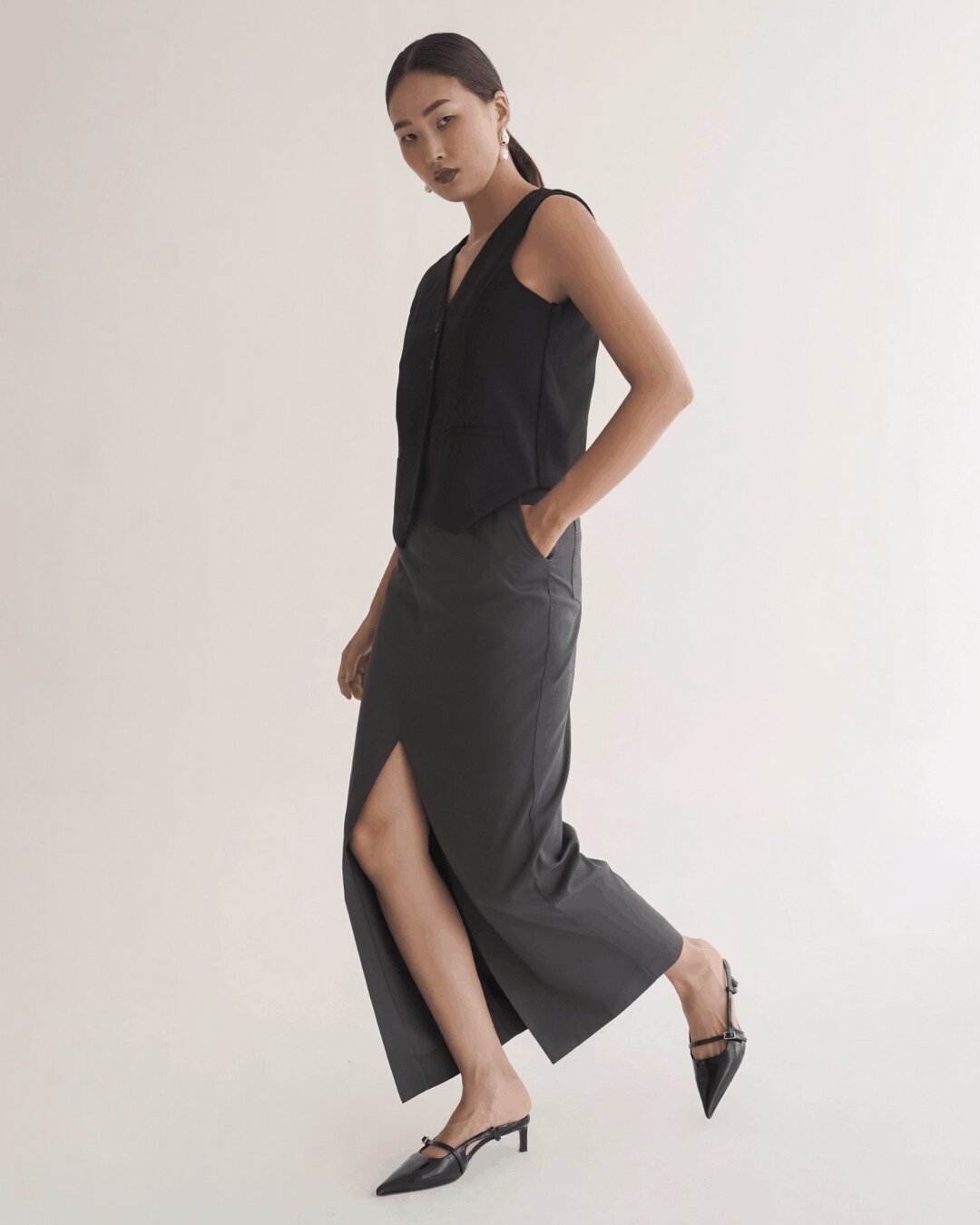 Ankle Front Slit Tailored Skirt