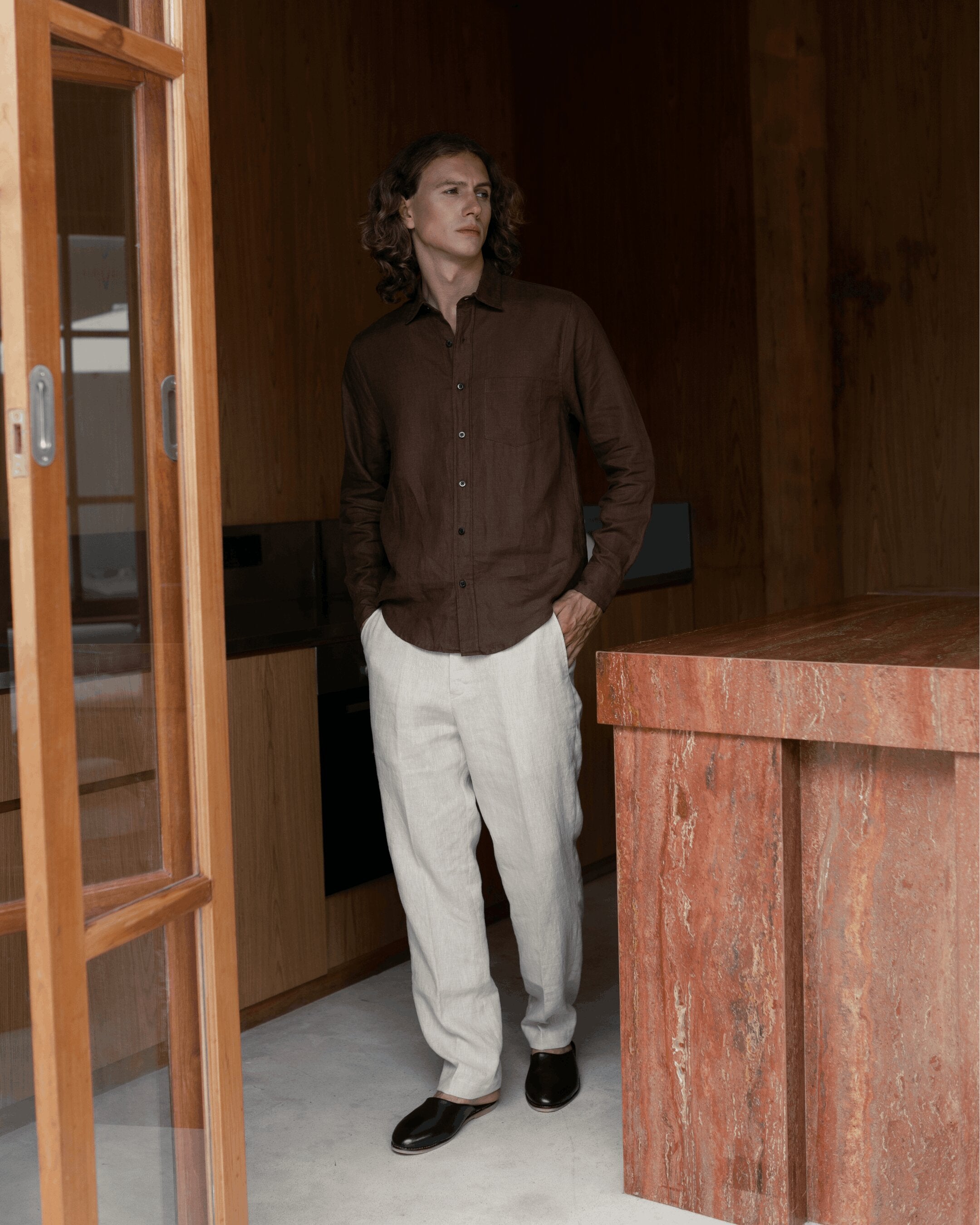 Regular Fit Linen Brown Shirt