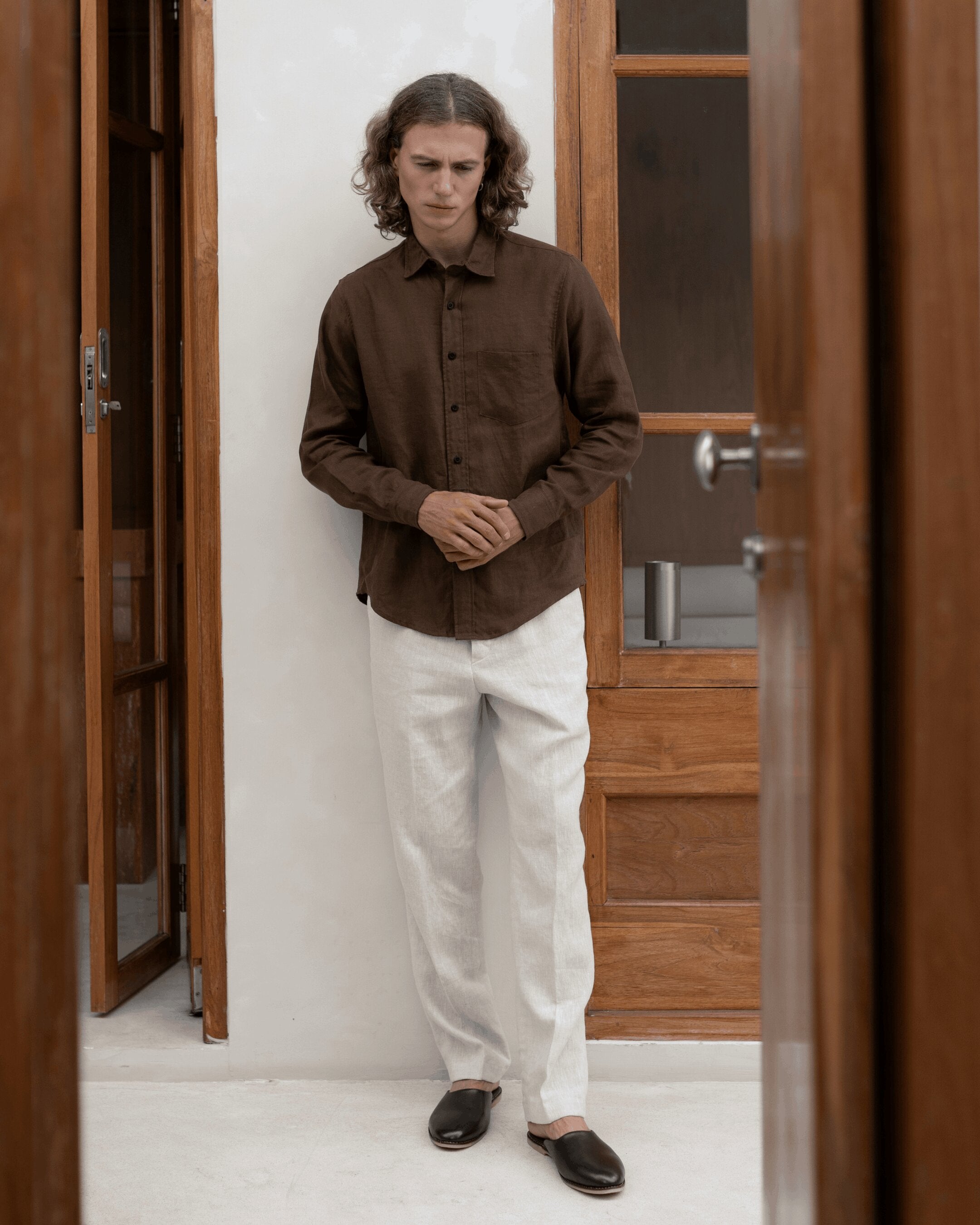 Regular Fit Linen Brown Shirt
