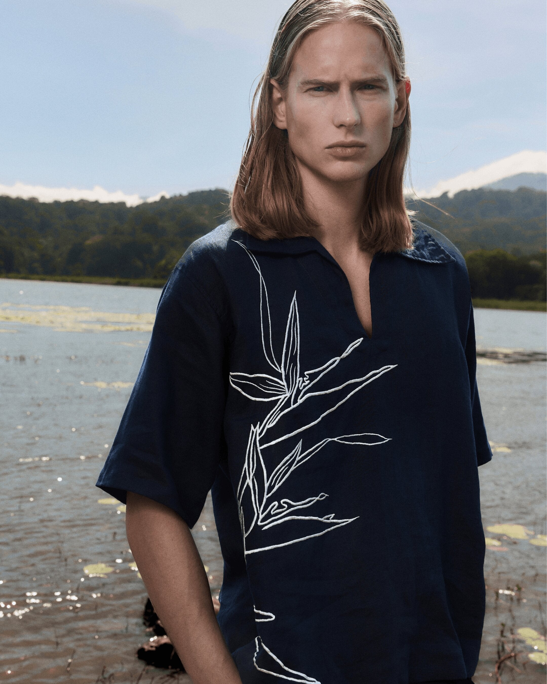 Linen Shirt Embroidery Navy